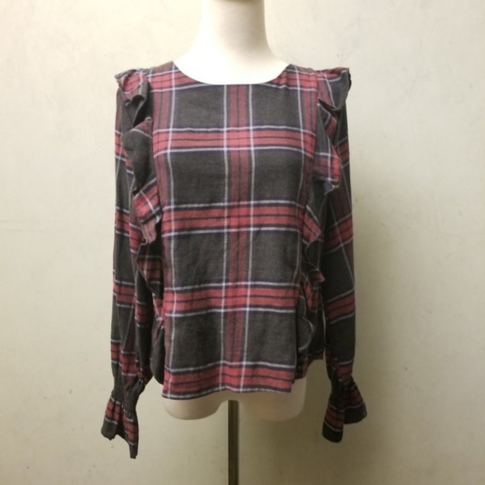 NWT Romeo & Juliet Couture checkered long sleeve ruffle Women's top size L (21)